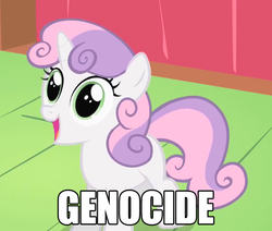 Size: 670x567 | Tagged: safe, sweetie belle, pony, g4, dissonant caption, female, genocide, happy, image macro, murder, one word, open mouth, smiling, solo, text
