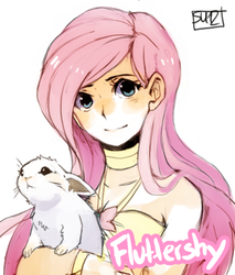 Size: 403x474 | Tagged: safe, artist:suikuzu, angel bunny, fluttershy, human, rabbit, g4, bust, female, humanized, looking at you, pet, solo