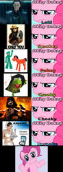 Size: 500x1362 | Tagged: safe, pinkie pie, g4, avengers, comic, darth vader, gumby, karaoke, kermit the frog, loki, looking at you, male, okie doki loki, pokey (gumby), shrug, shrugpony, smokey bear, star wars, the muppets