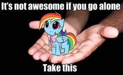 Size: 964x587 | Tagged: safe, rainbow dash, human, pony, g4, bow, cute, dashabetes, filly, hand, image macro, irl, irritated, it's dangerous to go alone, micro, photo, ponies in real life, take this, the legend of zelda