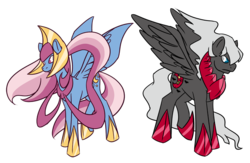 Size: 720x470 | Tagged: safe, artist:otakugal15, cresselia, darkrai, duo, pokémon, ponified, simple background, spread wings, transparent background, wings