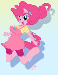 Size: 618x800 | Tagged: safe, artist:miu, pinkie pie, earth pony, anthro, unguligrade anthro, g4, big breasts, bouncing, breasts, busty pinkie pie, clothes, female, jumping, shadow, simple background, solo