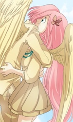 Size: 324x540 | Tagged: safe, artist:zoe-productions, fluttershy, human, g4, anime, butterscotch, clothes, dress, female, hug, humanized, male, rule 63, self ponidox, selfcest, ship:flutterscotch, shipping, straight, winged humanization