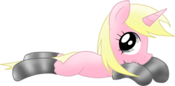 Size: 2503x1228 | Tagged: safe, artist:jetwave, oc, oc only, oc:serenity (fallout equestria: heroes), pony, unicorn, fallout equestria, fallout equestria: heroes, g4, clothes, female, filly, foal, horn, looking at you, lying down, smiling, socks, solo, striped socks, unicorn oc