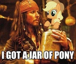 Size: 400x337 | Tagged: safe, applejack, earth pony, pony, g4, "captain" jack sparrow, applestare, crossover, female, frown, image macro, jack sparrow, jar, jar of dirt, jar of pony, mare, pirates of the caribbean, pony in a bottle