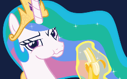 Size: 500x313 | Tagged: safe, artist:2snacks, princess celestia, pony, g4, animated, banana, chewing, eating, female, gif, herbivore, puffy cheeks, solo