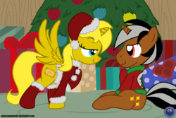 Size: 3600x2400 | Tagged: safe, artist:template93, oc, oc only, oc:star sparkler, oc:ticket, alicorn, pony, unicorn, g4, alicorn oc, christmas, female, hearth's warming eve, male, shipping, show accurate, straight, ticketsparkler