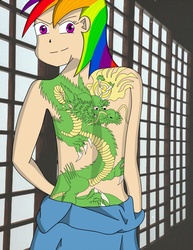 Size: 850x1100 | Tagged: safe, artist:divinefolklore, rainbow dash, chinese dragon, dragon, human, g4, back, dragon tattoo, female, humanized, looking back, solo, tattoo