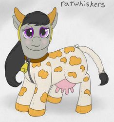 Size: 1050x1121 | Tagged: safe, artist:ratwhiskers, octavia melody, cow, earth pony, pony, g4, blushing, clothes, costume, cow girl, cowprint, female, footed sleeper, mootavia, pajamas, solo, udder