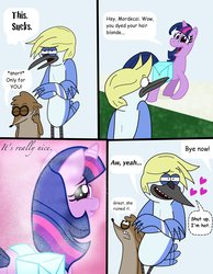 Size: 1683x2174 | Tagged: safe, artist:cartuneslover16, twilight sparkle, g4, blondecai, comic sans, crossover, crossover shipping, male, mordecai, mordecai and rigby, mordetwi, regular show, rigby (regular show), why cartuneslover why?
