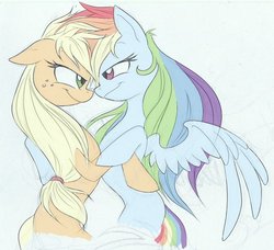 Size: 600x547 | Tagged: safe, artist:ginphin509, applejack, rainbow dash, g4, bedroom eyes, female, hug, lesbian, ship:appledash, shipping