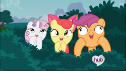 Size: 1366x768 | Tagged: safe, artist:misterdavey, apple bloom, scootaloo, sweetie belle, earth pony, pony, g4, cutie mark crusaders, derp, faic, female, filly, hub logo, silly filly