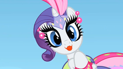 Size: 853x480 | Tagged: safe, screencap, rarity, pony, unicorn, g4, sonic rainboom (episode), female, lipstick, rarity being rarity, solo