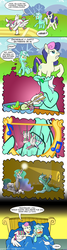 Size: 900x3343 | Tagged: safe, artist:gegenschein17, artist:nnxmnd, blossomforth, bon bon, lyra heartstrings, princess celestia, sweetie drops, g4, blossombon, blushing, comic, female, lesbian, lyrabonforth, lyraforth, ot3, ship:lyrabon, shipping, spanish, translation