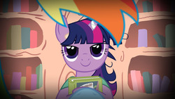 Size: 1536x864 | Tagged: safe, daring do, rainbow dash, twilight sparkle, pony, g4, bedroom eyes, book, female, female pov, golden oaks library, lesbian, library, offscreen character, pov, ship:twidash, shipping