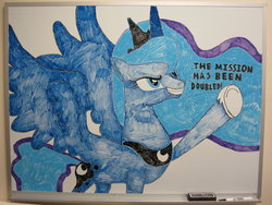 Size: 900x675 | Tagged: safe, artist:nyase, princess luna, pony, g4, annoy your co-worker, female, raised hoof, solo, whiteboard