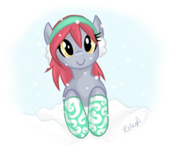 Size: 988x857 | Tagged: safe, artist:viperviolist, oc, oc only, oc:red velvet, pony, c:, clothes, cute, earmuffs, female, leaning, looking at you, mare, simple background, smiling, snow, snowfall, socks, solo, transparent background