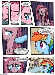 Size: 762x1048 | Tagged: safe, artist:speccysy, pinkie pie, rainbow dash, comic:sight for really sore eyes, g4, crying, pinkamena diane pie, sad, spanish, translation, wavy mouth