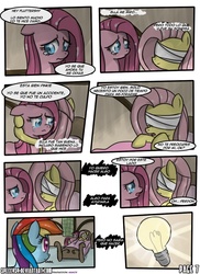 Size: 762x1048 | Tagged: safe, artist:nnxmnd, artist:speccysy, fluttershy, pinkie pie, rainbow dash, comic:sight for really sore eyes, g4, bandage, crying, pinkamena diane pie, sad, spanish, translation