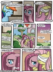 Size: 762x1048 | Tagged: safe, artist:nnxmnd, artist:speccysy, fluttershy, pinkie pie, rainbow dash, comic:sight for really sore eyes, g4, bandage, pinkamena diane pie, spanish, translation