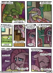 Size: 762x1048 | Tagged: safe, artist:nnxmnd, artist:speccysy, fluttershy, pinkie pie, comic:sight for really sore eyes, g4, bandage, crying, pinkamena diane pie, sad, spanish, translation