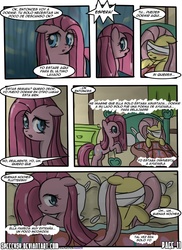 Size: 762x1048 | Tagged: safe, artist:nnxmnd, artist:speccysy, fluttershy, pinkie pie, comic:sight for really sore eyes, g4, bandage, pinkamena diane pie, spanish, translation