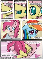 Size: 762x1048 | Tagged: safe, artist:nnxmnd, artist:speccysy, fluttershy, pinkie pie, rainbow dash, comic:sight for really sore eyes, g4, crying, cute, female, lesbian, ship:flutterpie, shipping, shyabetes, spanish, tears of joy, translation