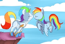 Size: 1024x692 | Tagged: safe, artist:miikanism, rainbow dash, pegasus, pony, robot, robot pony, g4, blushing, crossover, crossover shipping, eyes closed, kissing, robot unicorn attack