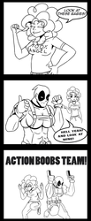 Size: 791x1920 | Tagged: safe, artist:miketheuser, pinkie pie, human, g4, breasts, comic, deadpool, female, humanized, monochrome, moobs