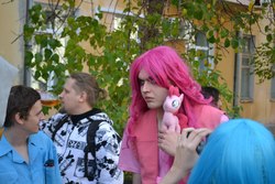 Size: 1280x853 | Tagged: safe, artist:tsutsumoto, pinkie pie, human, g4, convention, cosplay, irl, irl human, outdoors, photo, pinkamena diane pie, plushie, rule 63, russian, Чёрный Дракон