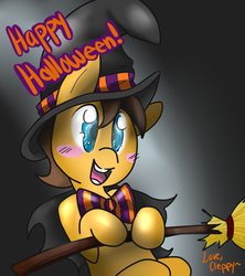 Size: 566x638 | Tagged: safe, artist:cleppyclep, caramel, g4, bow, broom, hat, witch