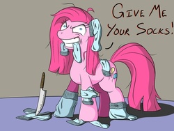 Size: 1000x750 | Tagged: safe, artist:firebrandkun, pinkie pie, g4, clothes, evil smile, knife, messy mane, mouth hold, pinkamena diane pie, socks