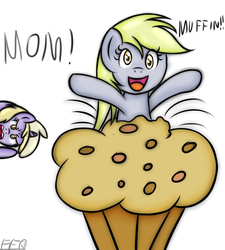 Size: 900x1000 | Tagged: safe, artist:freefraq, derpy hooves, dinky hooves, g4, giant muffin, muffin, text