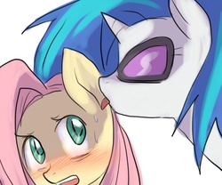 Size: 600x500 | Tagged: artist needed, safe, dj pon-3, fluttershy, vinyl scratch, g4, blushing, licking