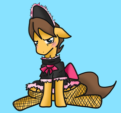 Size: 550x512 | Tagged: safe, artist:cleppyclep, caramel, pony, g4, blushing, bow, clothes, crossdressing, dress, fishnet stockings, maid, simple background, solo