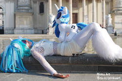 Size: 2048x1371 | Tagged: safe, artist:pinkuart, dj pon-3, vinyl scratch, human, g4, cosplay, irl, irl human, outdoors, photo, plushie, solo