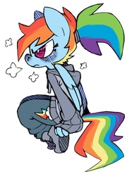 Size: 598x800 | Tagged: safe, artist:grindzone, rainbow dash, anthro, g4, angry, clothes, hoodie, ponytail, short ponytail, sitting
