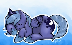 Size: 1233x768 | Tagged: safe, artist:ecchichibi, princess luna, pony, g4, female, filly, sleeping, solo, woona