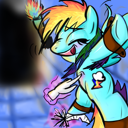 Size: 2000x2000 | Tagged: safe, rainbow dash, pegasus, pony, g4, abuse, bondage, cuffs, dashabuse, feather, hand, laughing, spread eagle, tickle torture, tickling, torch