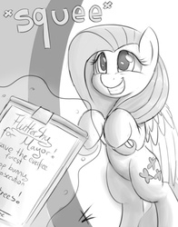 Size: 700x891 | Tagged: safe, artist:crade, fluttershy, pegasus, pony, g4, bipedal, clipboard, cute, female, magic, magic aura, mare, monochrome, onomatopoeia, petition, shyabetes, smiling, squee, telekinesis