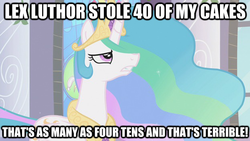 Size: 624x351 | Tagged: safe, princess celestia, g4, and that's terrible, cake, cakelestia, image macro, male, meme, superman