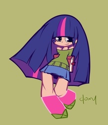 Size: 400x462 | Tagged: safe, artist:doxy, twilight sparkle, human, g4, arm behind back, book, clothes, humanized, light skin, long hair, looking at you, panty and stocking with garterbelt, simple background, solo, style emulation