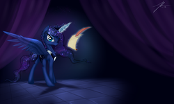 Size: 2500x1500 | Tagged: safe, artist:wreky, princess luna, pony, g4, female, magic, quill, solo, telekinesis, wingding eyes