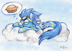 Size: 800x568 | Tagged: safe, artist:fallenzephyr, soarin', g4, cloud, pie, traditional art