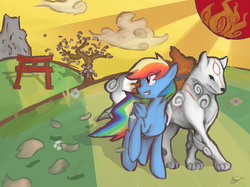 Size: 1000x749 | Tagged: safe, artist:finalcrusader, rainbow dash, pony, g4, amaterasu, crossover, okami