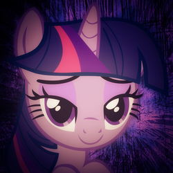 Size: 1440x1440 | Tagged: safe, artist:aeroytechyon-x, twilight sparkle, pony, unicorn, g4, abstract background, bust, female, lidded eyes, looking at you, mare, smiling, solo