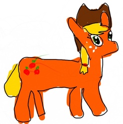 Size: 500x507 | Tagged: safe, artist:zestyoranges, applejack, earth pony, pony, g4, 1000 hours in ms paint, applejack's hat, badly drawn ponies, cowboy hat, female, freckles, hat, majestic as fuck, mare, simple background, solo, stylistic suck, white background