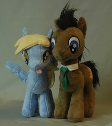 Size: 1743x1950 | Tagged: safe, artist:whiteheather, derpy hooves, doctor whooves, time turner, earth pony, pegasus, pony, g4, duo, female, irl, male, mare, necktie, photo, plushie, stallion, tongue out