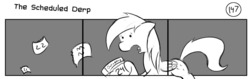 Size: 1280x404 | Tagged: safe, artist:tetrapony, derpy hooves, pegasus, pony, comic:the daily derp, g4, comic, female, mare, monochrome, solo, the scheduled derp