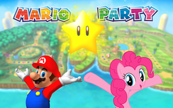 Size: 3000x1875 | Tagged: safe, artist:elbruno3593, pinkie pie, g4, blue space, crossover, exploitable meme, happening space, make it happen, male, mario, mario party, meta, mini stars, mini ztars, stars, super mario, toad house, wallpaper, windmill